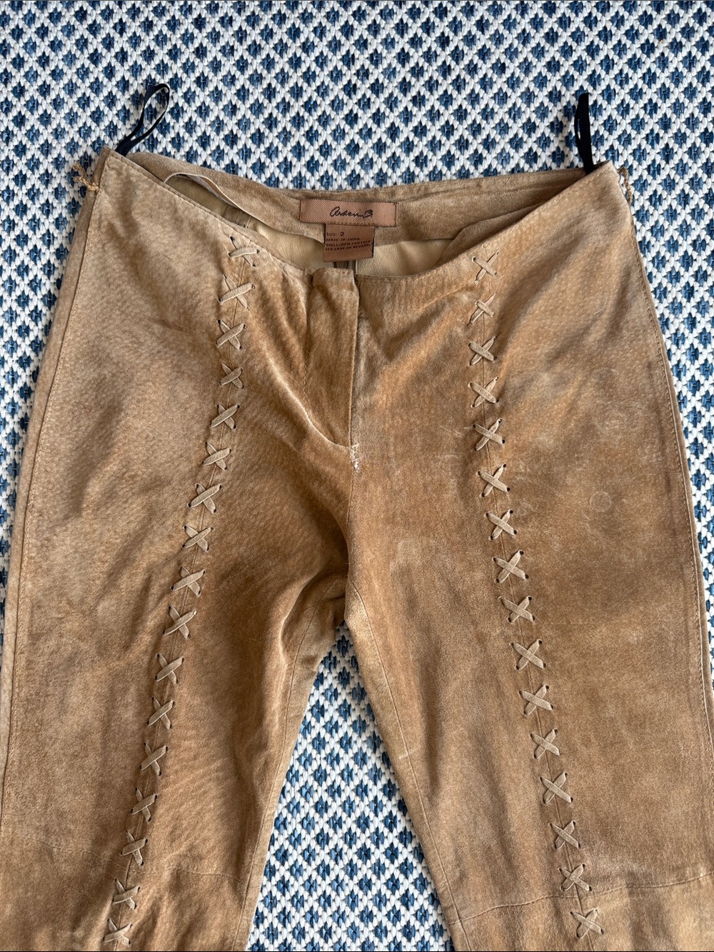 Rare Vintage Arden B 100% Leather Shell Tan Suede Lace-Up Luxury Pants